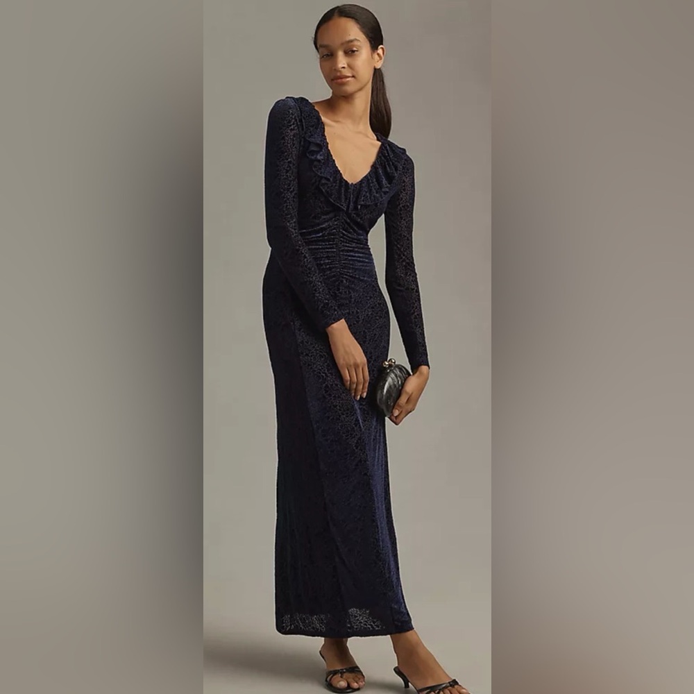 By Anthropologie Blue/purple Velvet Ruched Maxi Dress size small